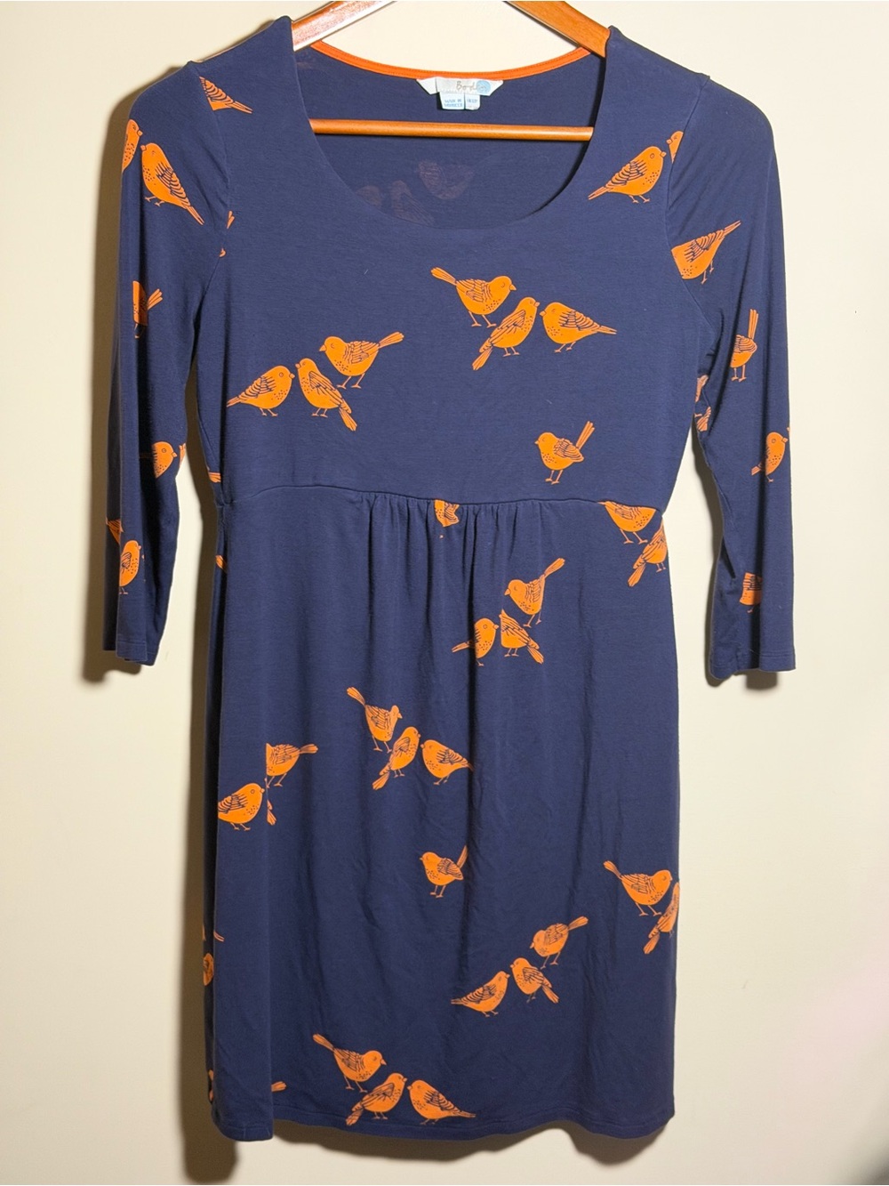 Boden Bird Print Jersey Dress US 8 UK 12 Navy Orange 3/4 Sleeve Viscose Midi